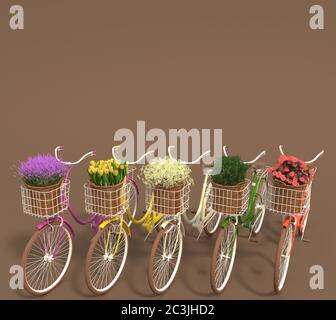 Set di vecchie biciclette retrò con fiori multicolore in cesti stand in fila su uno sfondo marrone. Spazio di copia. Rendering 3D. Foto Stock