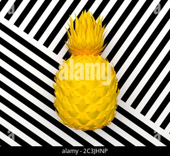 Solo ananas astratto giallo isolato su uno sfondo con una striscia nera e bianca. Frutta esotica tropicale. Rendering 3D. Foto Stock