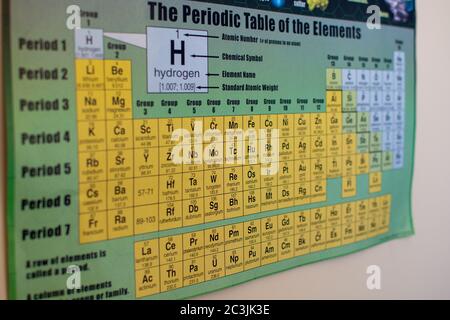 Tavola periodica degli elementi poster colorato primo piano in laboratorio di scienza in una scuola per l'apprendimento degli studenti. Foto Stock