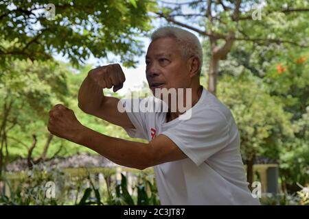 FOSHAN, CINA - CIRCA GIUGNO 2020: Un Grandmaster cinese Kung-fu mostra tecniche singole di Kung-fu stile drago. Foto Stock