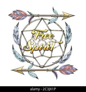 Illustrazione disegnata a mano del catcher di sogno e delle frecce con la scritta Free Spirit. Tattoo a tema tribale americano nativo. Illustrazione vettoriale. Illustrazione Vettoriale