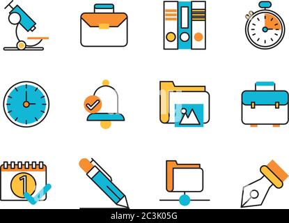 pacchetto di forniture scolastiche icone set illustrazione vettoriale disegno Illustrazione Vettoriale