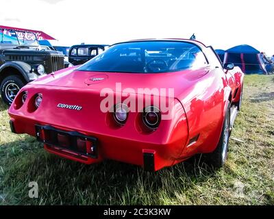 Mosca, Russia - 25 maggio 2019: La Corvette rossa della Chevrolet Stingray parcheggiata sull'erba. La classica auto sportiva americana d'epoca Foto Stock