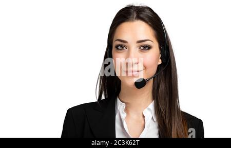Bella consulente del call center di cuffie su sfondo bianco Foto Stock