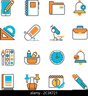 pacchetto di forniture scolastiche icone set illustrazione vettoriale disegno Illustrazione Vettoriale