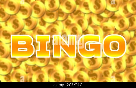 Segno Bingo con monete d'oro come sfondo, rendering 3d Foto Stock