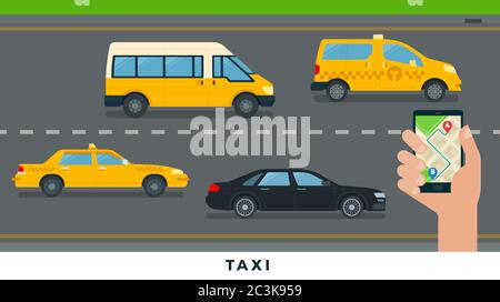 Servizio taxi. Illustrazione vettoriale del servizio di trasporto urbano dal design piatto. Illustrazione Vettoriale