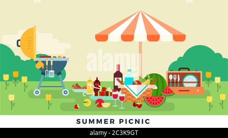Picnic estivo all'aperto in prato con tulipani. Illustrazioni piatte vettoriali. Concetto relax sulla natura. Illustrazione Vettoriale