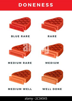 Gradi di doneness della bistecca. Immagine piatta vettoriale. Bistecche di diversa doneness isolate su bianco. Illustrazione Vettoriale