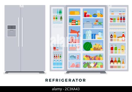 Frigorifero chiuso e aperto con cibo. Illustrazioni piatte vettoriali. Raggruppa i prodotti in frigorifero. Illustrazione Vettoriale
