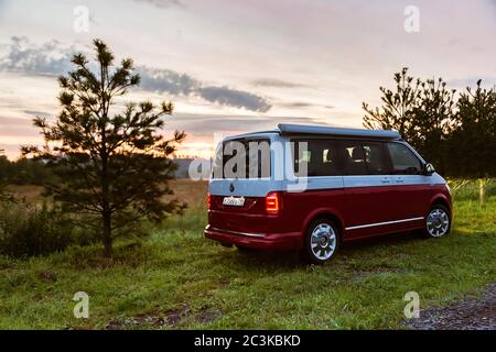 San Pietroburgo, Russia - 22 luglio 2019: Volkswagen moderno Voltivan California Ocean (Transporter) di colore rosso e bianco. È parcheggiato nella foresta all'alba. Vista posteriore Foto Stock