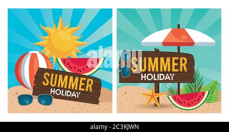 etichetta per le vacanze estive con icone impostate, disegno a forma di vettore Illustrazione Vettoriale