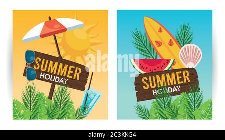 etichetta per le vacanze estive con icone impostate, disegno a forma di vettore Illustrazione Vettoriale