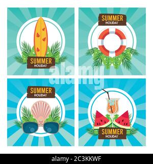 etichetta per le vacanze estive con icone impostate, disegno a forma di vettore Illustrazione Vettoriale