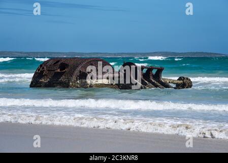 Il baracchiato rimane il piroscafo a pale Shannon. King Island, Australia. Foto Stock