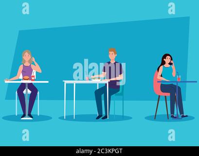distanza sociale in nuovo concetto, persone che mangiano sui tavoli, protezione, prevenzione del coronavirus covid 19 Illustrazione Vettoriale