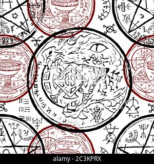 Modello senza cuciture con sigilli magici e simboli mistici su bianco. Illustrazione vettoriale della linea di Halloween. Sfondo esoterico, occulto e gotico Foto Stock