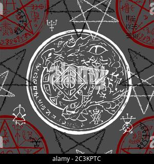 Modello senza cuciture con drago che tiene moneta, pentacolo e simboli mistici. Illustrazione vettoriale della linea di Halloween. Sfondo esoterico, occulto e gotico Foto Stock