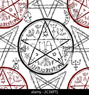Modello senza giunture con pentagramma e simboli mistici su bianco. Illustrazione vettoriale della linea di Halloween. Sfondo esoterico, occulto e gotico Foto Stock