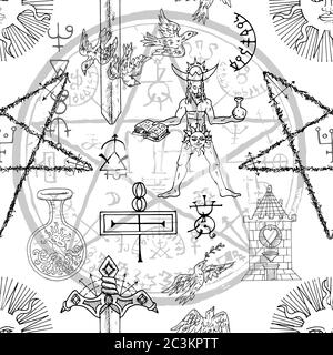 Modello senza cuciture con alchimia e simboli mistici su bianco. Illustrazione vettoriale della linea di Halloween. Sfondo esoterico, occulto e gotico Foto Stock