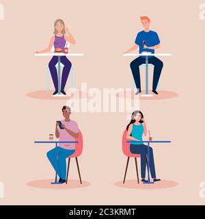 distanza sociale in nuovo concetto, gruppo di persone che mangiano sul tavolo, protezione, prevenzione del coronavirus covid 19 Illustrazione Vettoriale