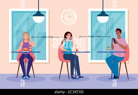 distanza sociale in nuovo concetto, persone che mangiano sui tavoli, protezione, prevenzione del coronavirus covid 19 Illustrazione Vettoriale