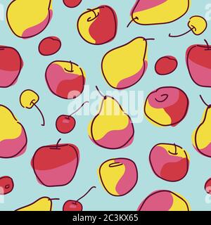 Modello vettoriale con pere, mele e ciliegia. Illustrazione Vettoriale