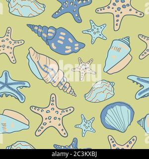 Motivo senza cuciture con conchiglie e stelle. Sfondo marino. Illustrazione Vettoriale