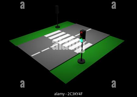 illustrazione 3d di un piccolo tratto urbano di strada con una strada a motore e segnaletica, semaforo. Segnaletica stradale di attraversamento pedonale, linea tratteggiata. Modello Foto Stock