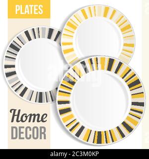 Set di stoviglie per piatti. Set di tre piastre decorative dal design coordinato per interni con motivo astratto. Illustrazione del vettore piastra vuota, isol Illustrazione Vettoriale