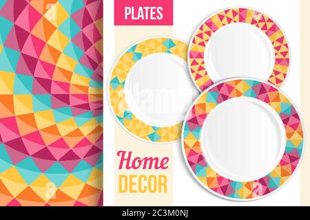 Motivo e set di 3 piastre decorative con questo motivo applicato. Vista dall'alto di tre piastre vuote. Illustrazione vettoriale. Illustrazione Vettoriale