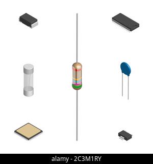 Insieme di diversi componenti elettronici attivi e passivi isolati su sfondo bianco. Resistore, condensatore, diodo, microcircuito, il fusibile e il pulsante. 3D Illustrazione Vettoriale