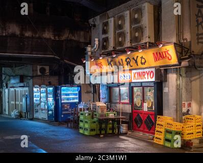 La gente al vicolo di ritorno di Yurakucho, una destinazione popolare per il cibo giapponese locale poco costoso. Foto Stock