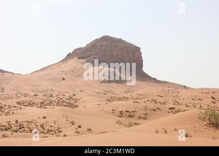 Fossil Rock è un'iconica formazione rocciosa che porta fossili marini nelle aride dune di sabbia del deserto a Sharjah, Emirati Arabi Uniti. Foto Stock