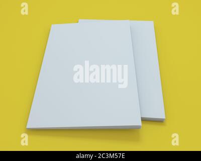 Brochure fotorealistica vuota mockup su sfondo giallo. Rendering 3D Foto Stock