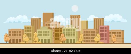 Illustrazione dei cartoni animati della città di costruire case con il trasporto su strada e gli alberi. Design piatto Illustrazione Vettoriale