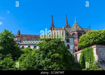 Vista della cattedrale di Basilea Basilea Minster (Basler Munster) cattedrale dall'boad sul fiume Reno, Basilea, Svizzera Foto Stock