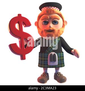 Cartoon 3d uomo scozzese in kilt con un simbolo di valuta del dollaro USA, illustrazione 3d Foto Stock