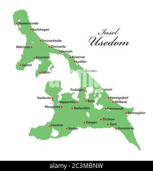 Mappa vettoriale dell'isola del Mar Baltico di Usedom, Germania, Polonia Illustrazione Vettoriale