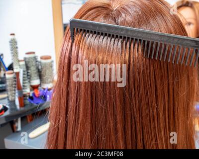 Donna con capelli rossi al parrucchiere Foto Stock