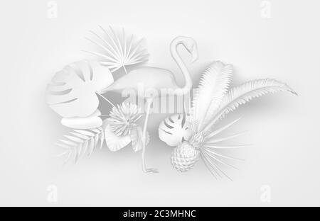 Flamingo circondato da piante esotiche tropicali. Immagine bianca monocromatica su sfondo bianco. Rendering 3D. Foto Stock