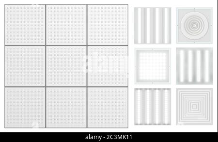 Soffitto a cassetta sospeso - grilyato. Set per soffitto modulare - lampade e griglie di ventilazione. Struttura isolata senza cuciture su sfondo bianco. Vi Foto Stock