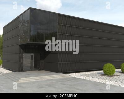 L'edificio moderno e' nero monocromatico e di forma rettangolare. Facciata con terrazza coperta e spazio per fotocopie. Rendering 3D. Foto Stock