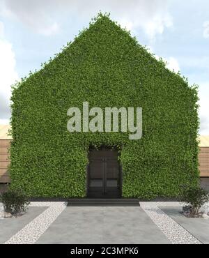 Facciata verticale da giardino della casa con tetto spiovente. Architettura moderna e verde. La fitowall dell'edificio è sopravvolta di edera riccia. Copia Foto Stock
