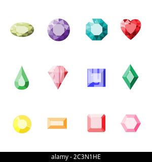 Set colorato di gemme. Illustrazione delle gemme cardiache vettoriali. Rubino, cristallo, diamante, brillante, smeraldo. Gioielli Cartoon isolati. Illustrazione Vettoriale