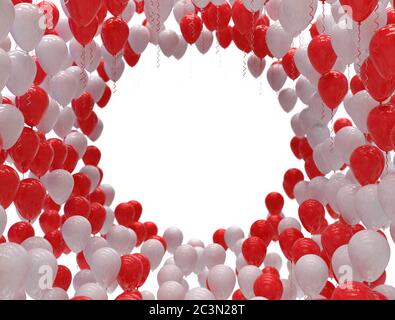 Palloncini bianchi e rossi. Buon San Valentino, sfondo Celebration illustrazione 3D. Foto Stock