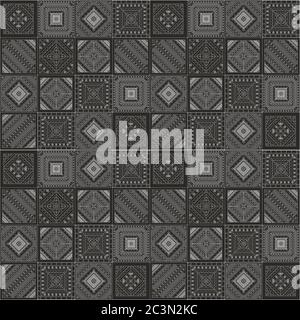 Modello di patch di stile tribale boho. Vettore senza giunture. Stampa tradizionale per tessuti. Texture sfondo bianco nero Illustrazione Vettoriale
