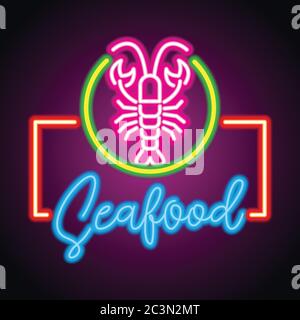 ristorante di pesce al neon segno tavola. illustrazione vettoriale Illustrazione Vettoriale