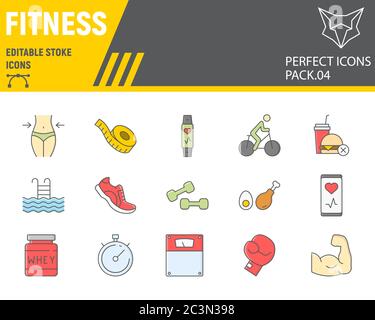 Set di icone linea colore fitness, collezione di simboli sportivi, schizzi vettoriali, illustrazioni logo, icone palestra, pittogrammi lineari colorati segni di fitness Illustrazione Vettoriale