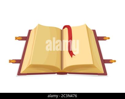 Antico libro di magia aperto. Mistico volume medievale vuoto con vecchia conoscenza arcana magia. Illustrazione Vettoriale